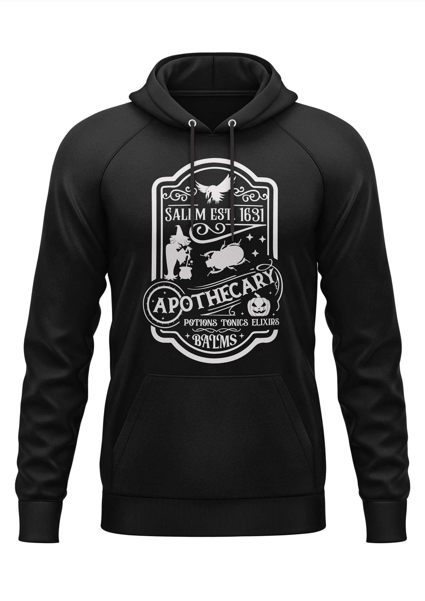 Schwarzer hoodie mit weißem apotheker-grafikdesign und magischen elementen im gothic horror stil von salem est