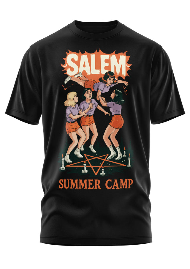 Schwarzes kurzärmeliges T-Shirt mit einer Grafik von vier Frauen, die um ein Pentagramm tanzen.