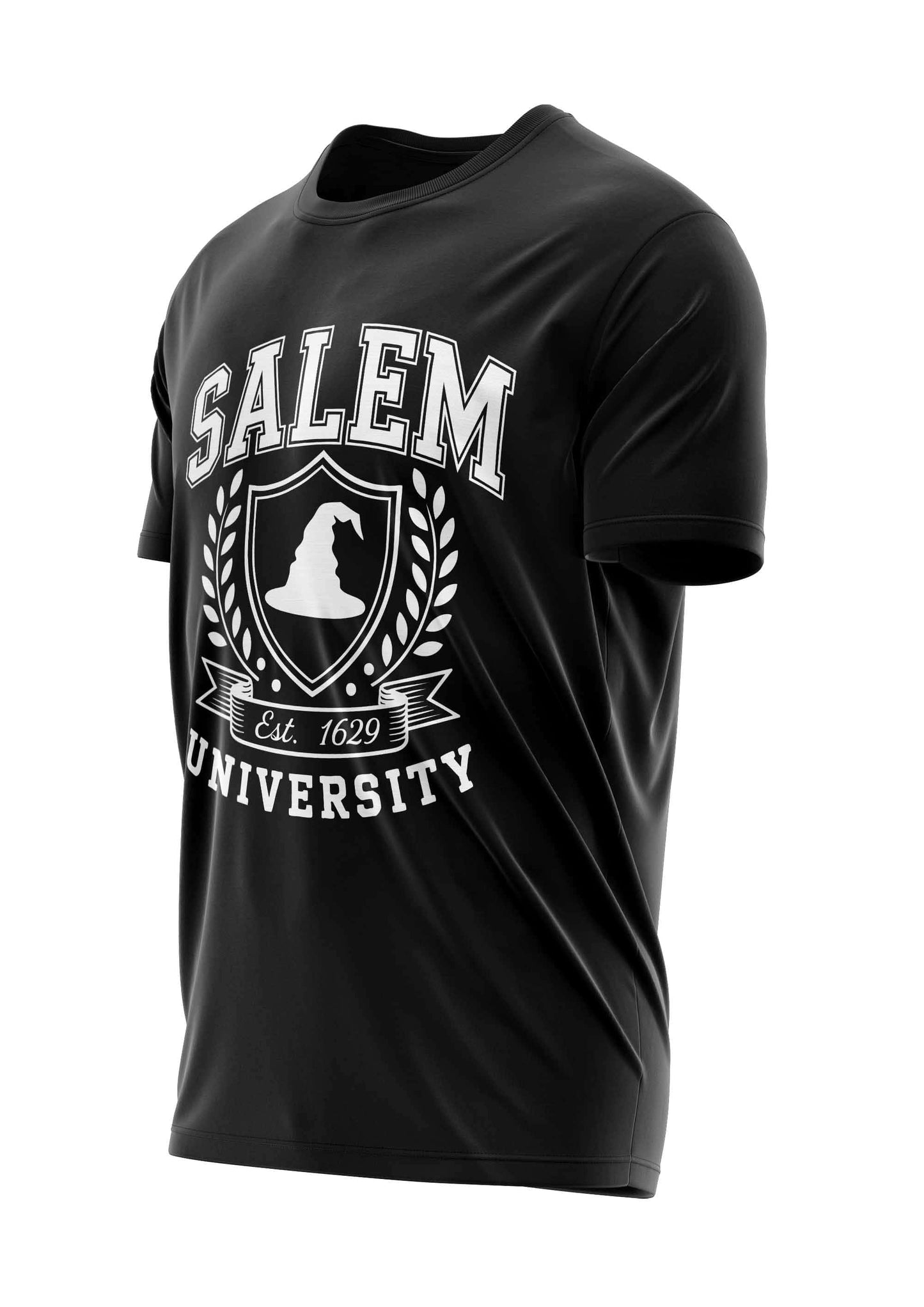 Schwarzes salem universität t-shirt mit weißem design und text gaia lizenzierte kleidung ltd