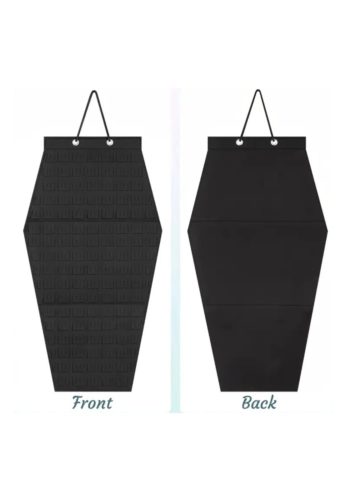 Schwarze gerippte Strickschürze mit verstellbarem Halsband und Vordertasche.