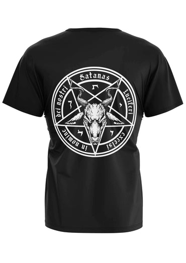 Schwarzes gothic t-shirt mit weißem pentagramm, ziegenkopf und lateinischem text auf der rückenprint, horror style