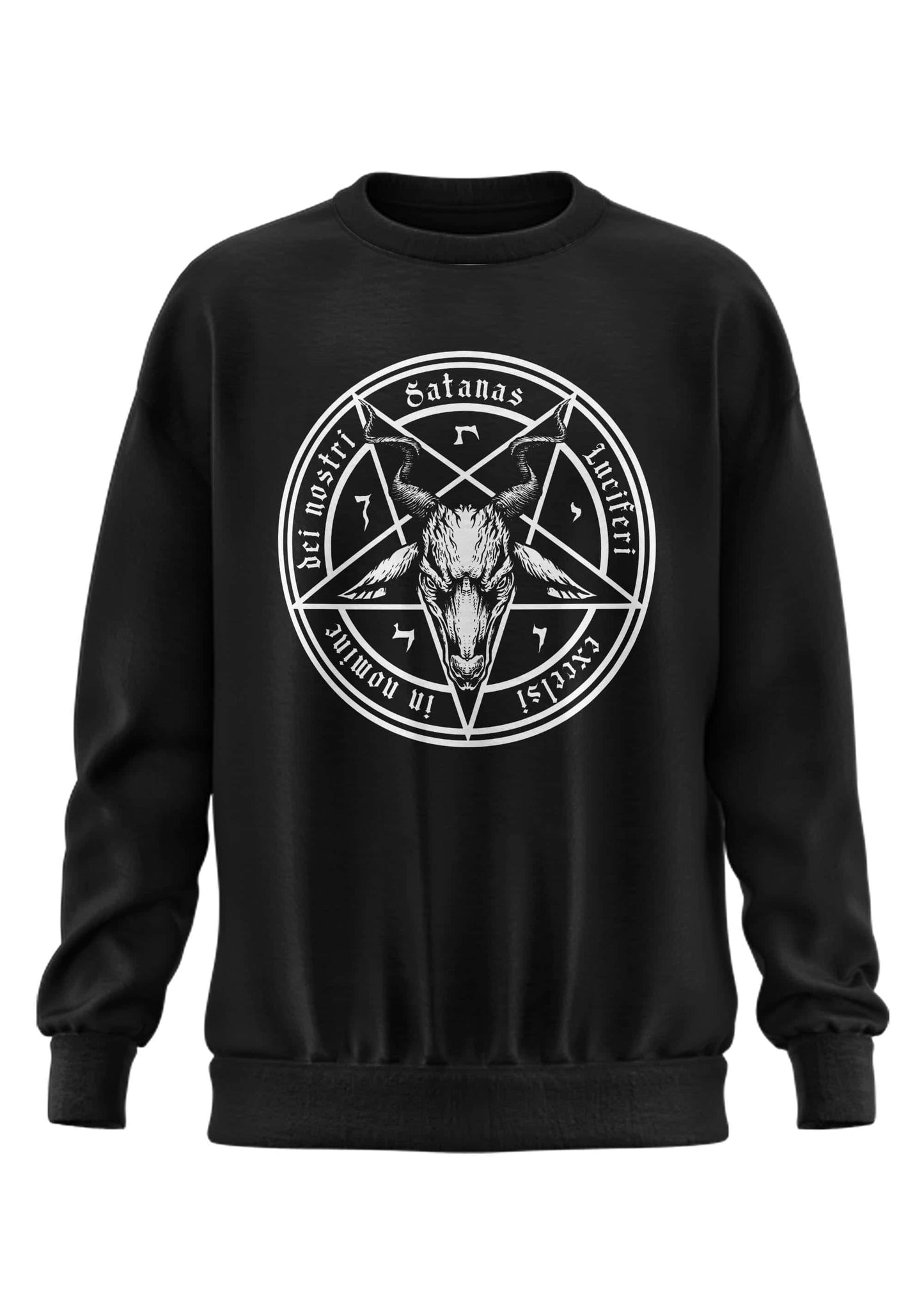 Schwarzes schwerers unisex sweatshirt satanas mit pentagramm und schädelmotiv aus strapazierfähigem recyceltem polyester