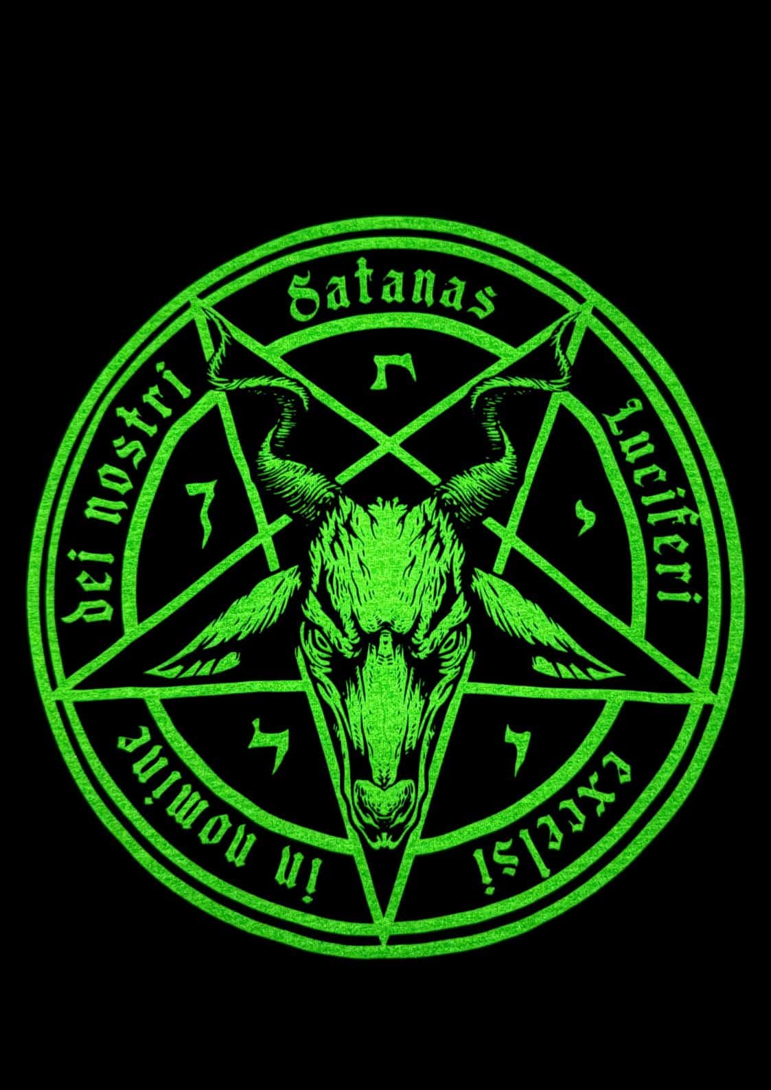 Neon grüne pentagramm sticker mit ziegenkopf auf schwarzem grund für satanas shirt düsteren eindruck gaia lizenzierte kleidung