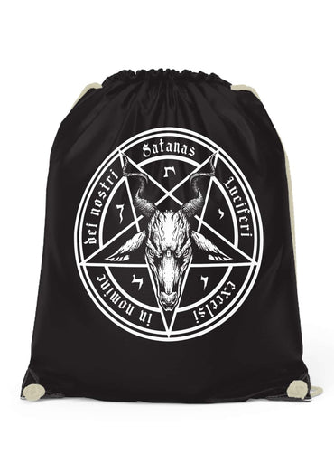 Schwarzer satanas gym bag mit externe kordelhalterungen und weißem pentagramm mit ziegenkopf und lateinischem text gothic design