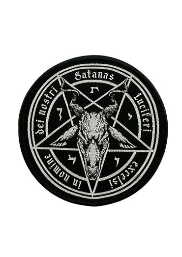Schwarzer satanas patch mit weißem besticktem pentagramm und baphomet kopf umgeben von okkulten symbolen und lateintext