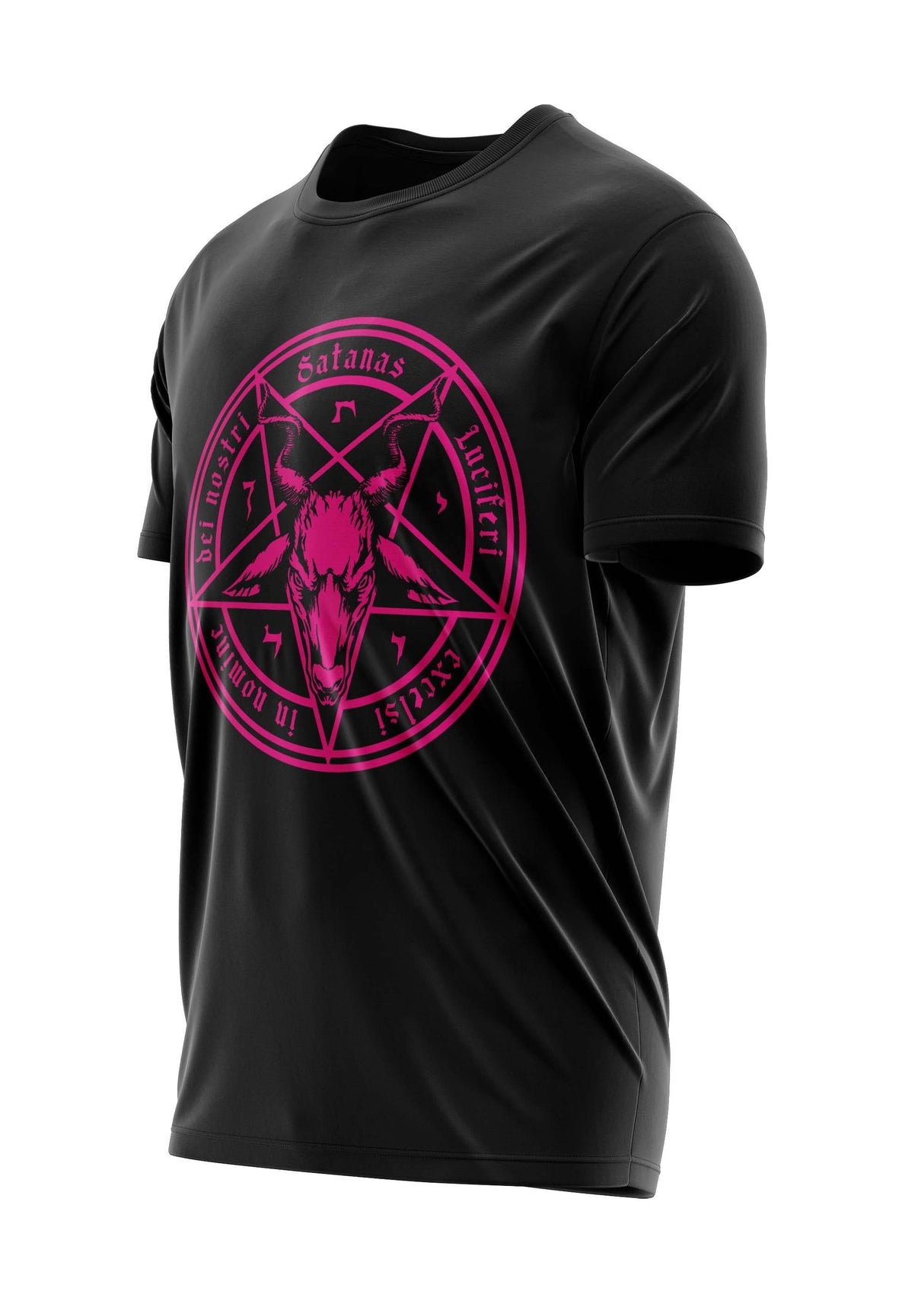 Schwarzes T-Shirt mit pinkem Pentagramm- und Totenkopf-Design
