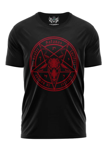 Schwarzes cotton t-shirt satanas red mit rotem pentagramm und ziegenkopf im gothic horror stil mit lateinischem text