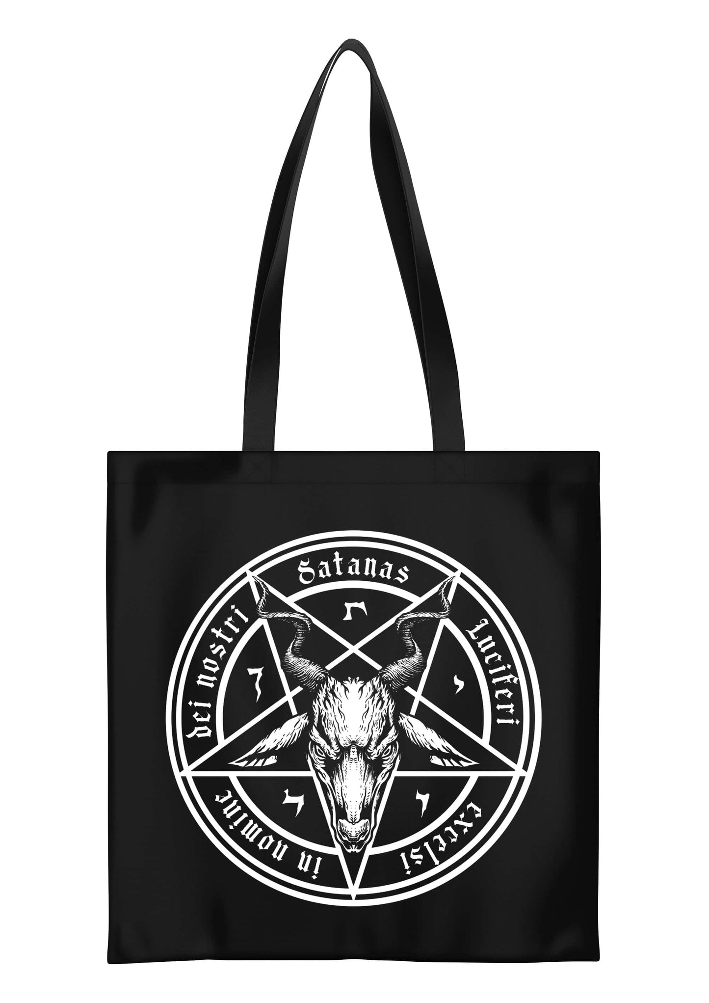 Schwarzer tote bag mit weißem pentagramm und ziegenkopf aus strapazierfähigem fair produziertem vegane bio-baumwollbeutel