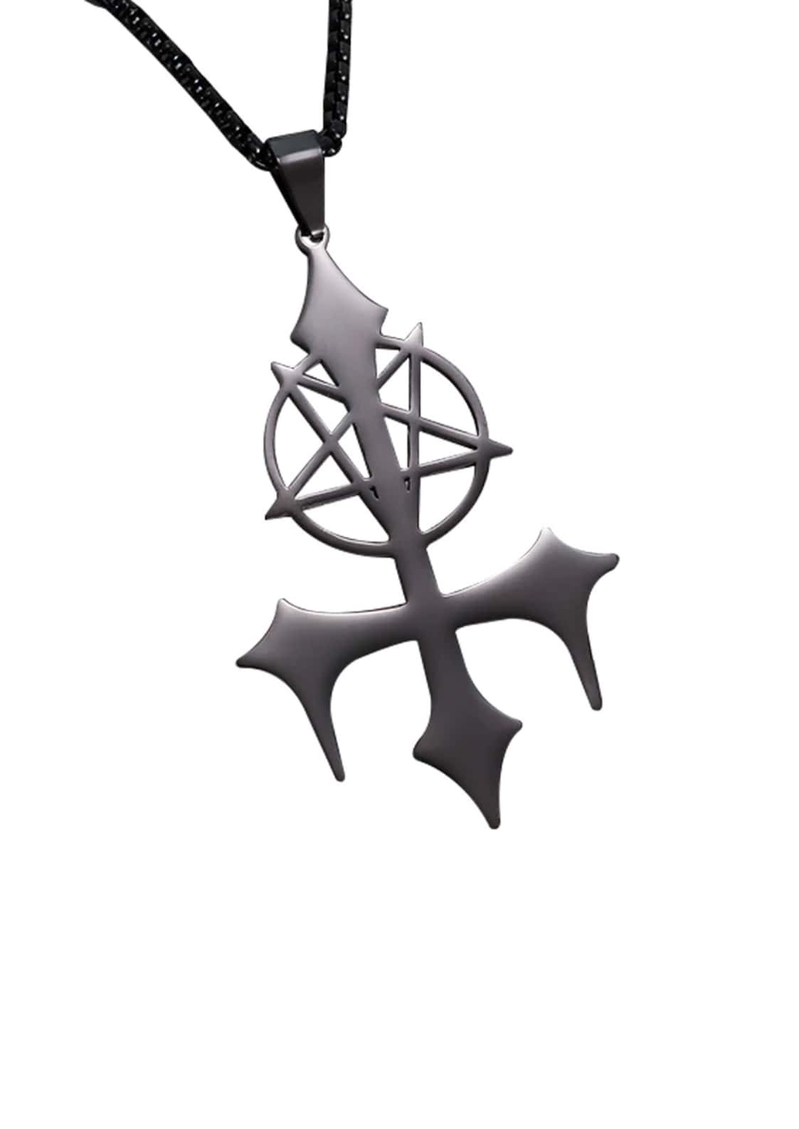 Schwarze schildpatt halskette mit satanic cross black design aus metall und pentagramm in der mitte