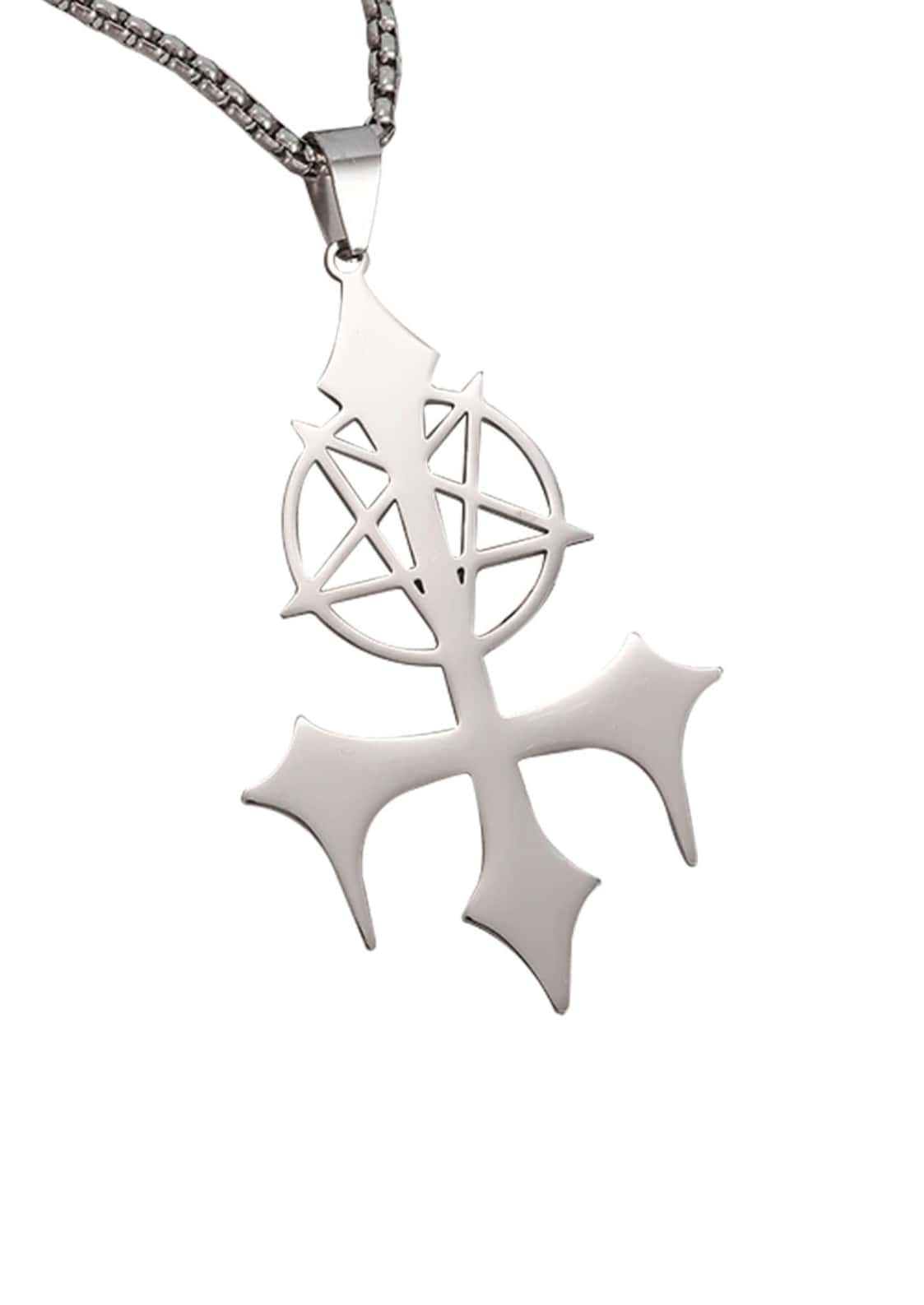 Silberner satanic cross halskette mit stilisiertem pentagramm und eckigem kreuz im gothic horror design