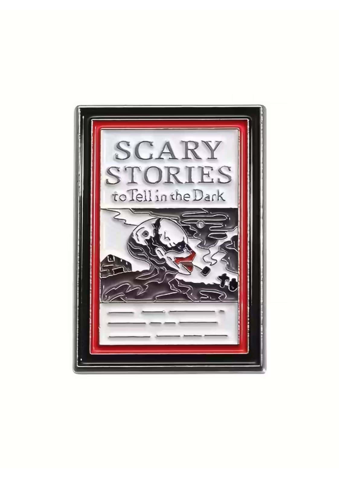 Rechteckiger enamel pin sc scary storys mit grotesker skelettfigur und roten gothicelementen im horrorstil