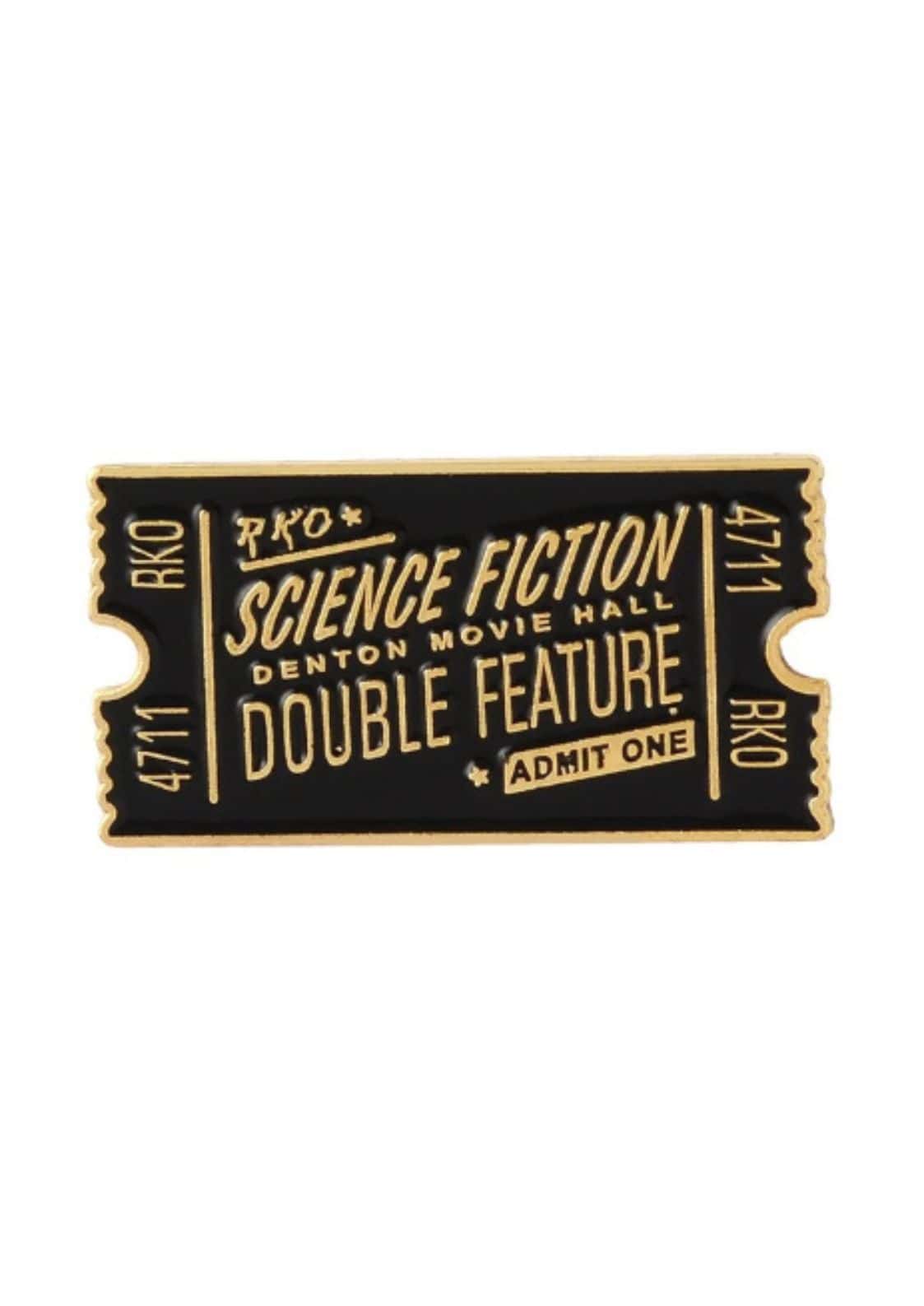 Science fiction admit one pin in black and gold featuring a gothic bat pentagram design for horror fans