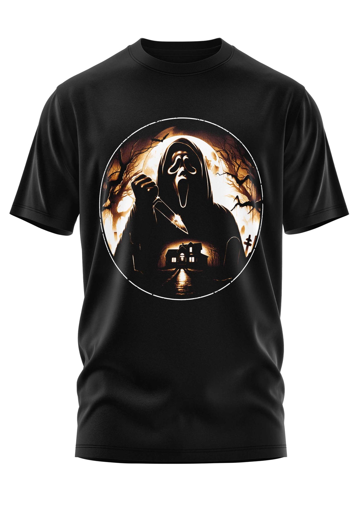 Schwarzes T-Shirt mit einem Grafikmotiv der Ghostface-Maske aus Scream
