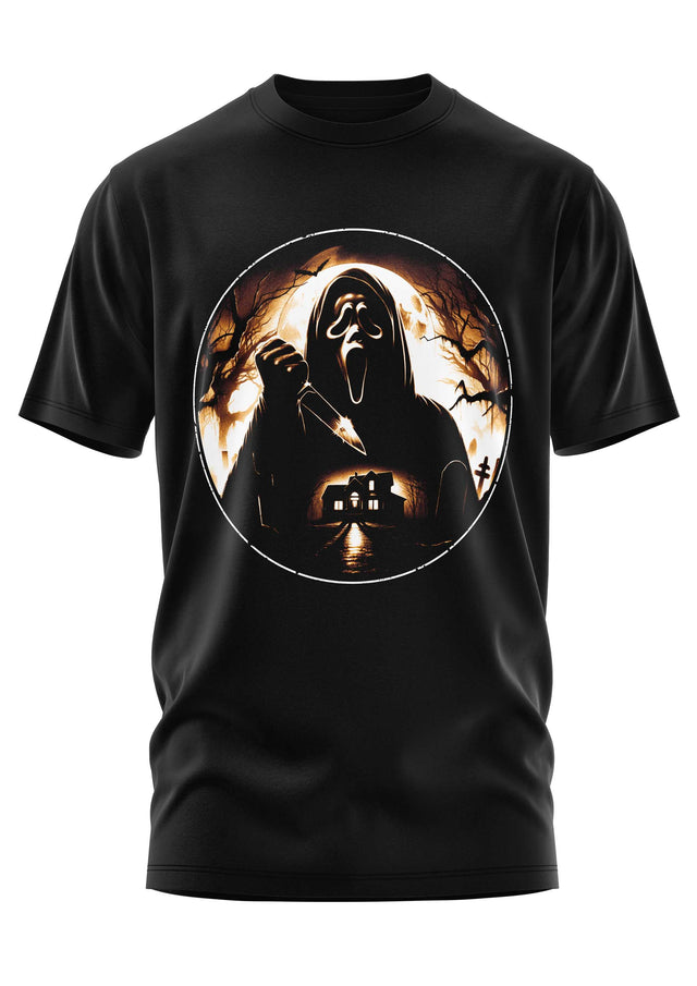 Schwarzes T-Shirt mit einem Grafikmotiv der Ghostface-Maske aus Scream