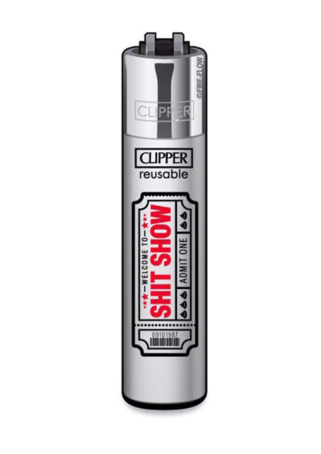 Silbernes nachfüllbares clipper-feuerzeug mit soft-touch-oberfläche und rot-schwarzem shit show ticket design