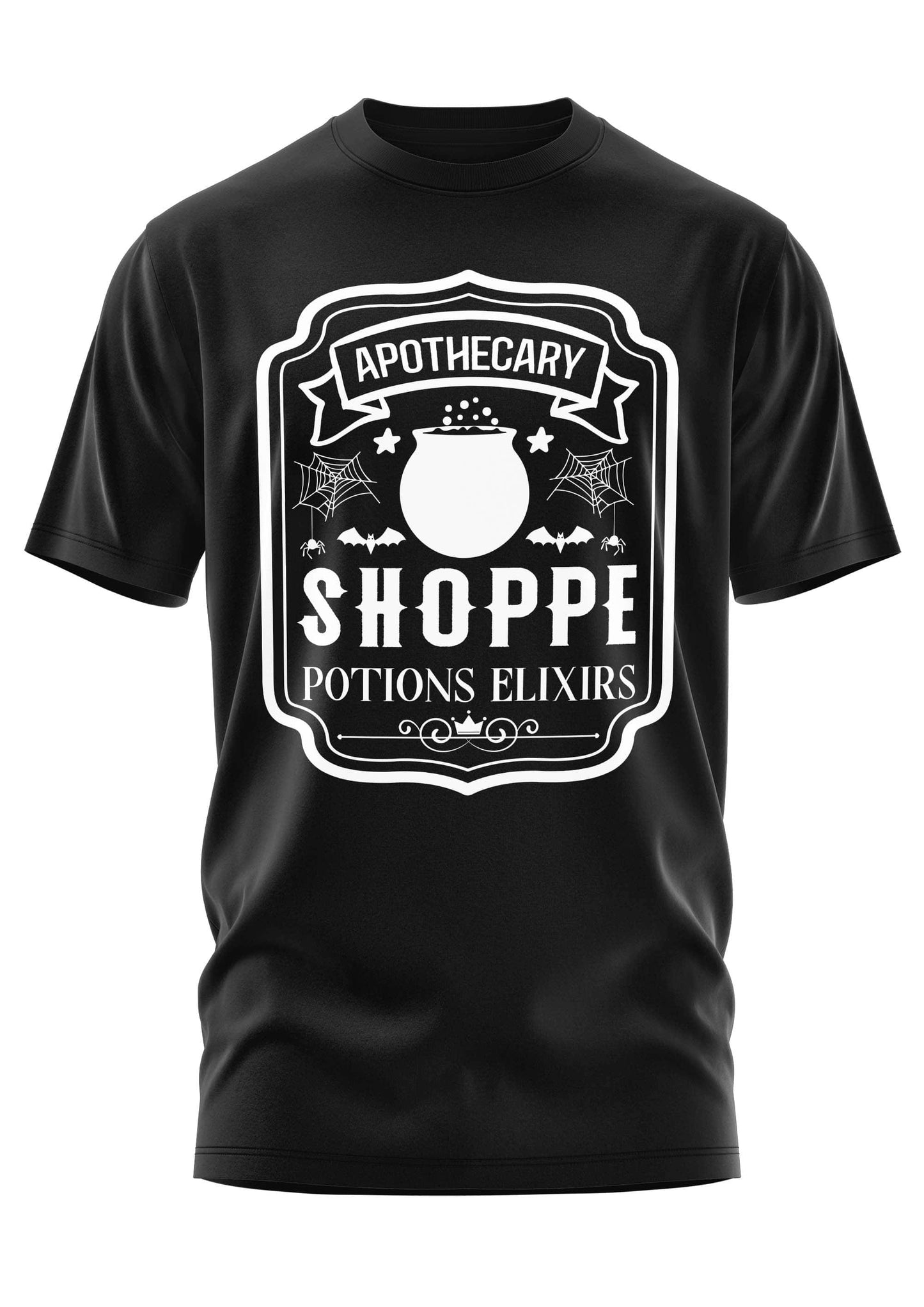 Schwarzes kurzarmshirt mit weißem gothic apothekerladen grafik und horror elementen wie trankflaschen und fledermäusen