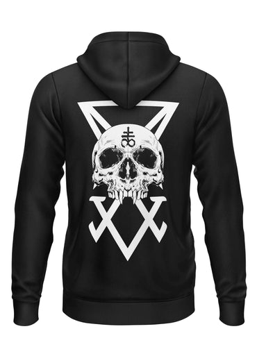Schwarzer schwerer unisex hoodie mit sigil schädel und weißen dreieckigen kreuz symbolen auf der rückseite gaia lizensierte kleidung
