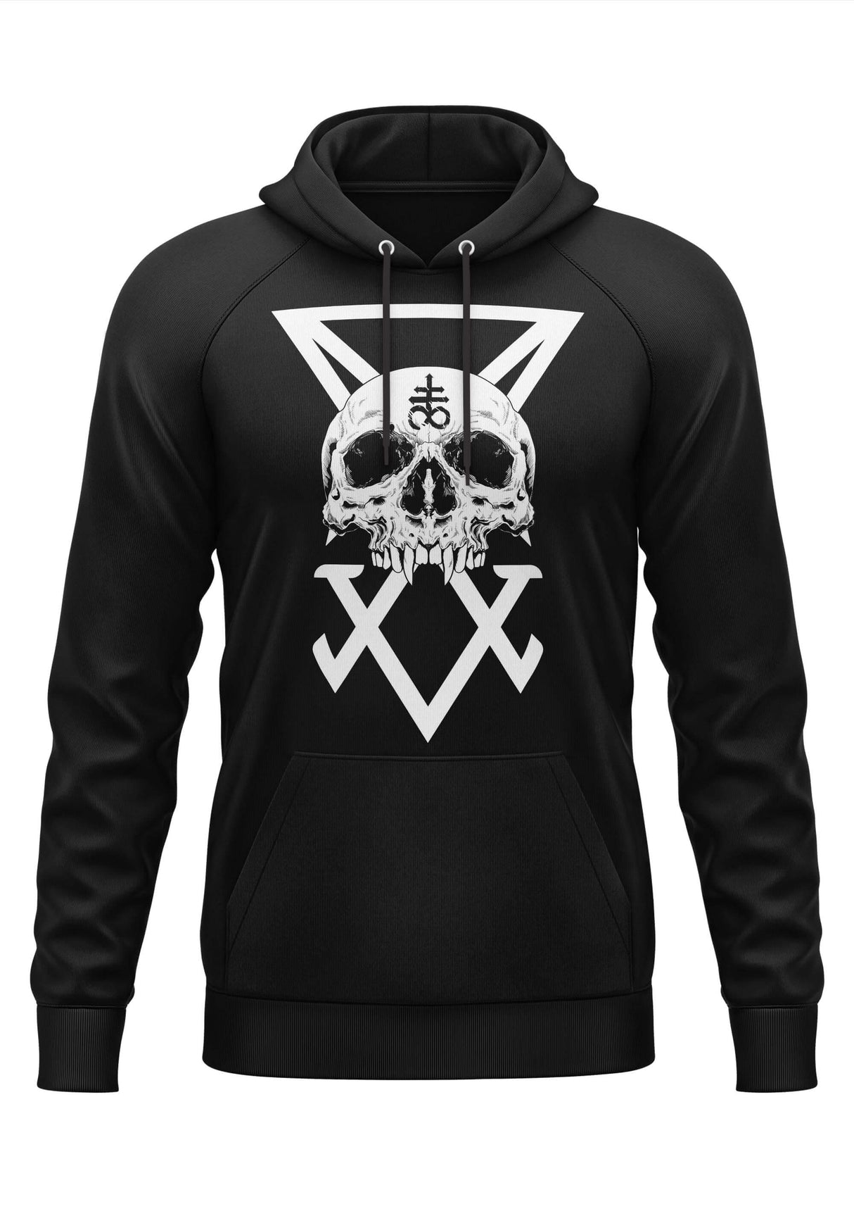 Schwarzer Hoodie mit Totenkopf-Design und weißem Logo.
