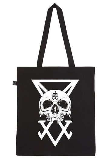 Schwarze canvas tote bag mit gothic horror symbolem eines schädels mit spitzen ohren im umgedrehten dreieck