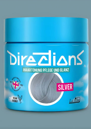 Ein lebendiger blauer directions 100ml haartönungsbehälter in kühles silber für graues haar mit pinker schrift