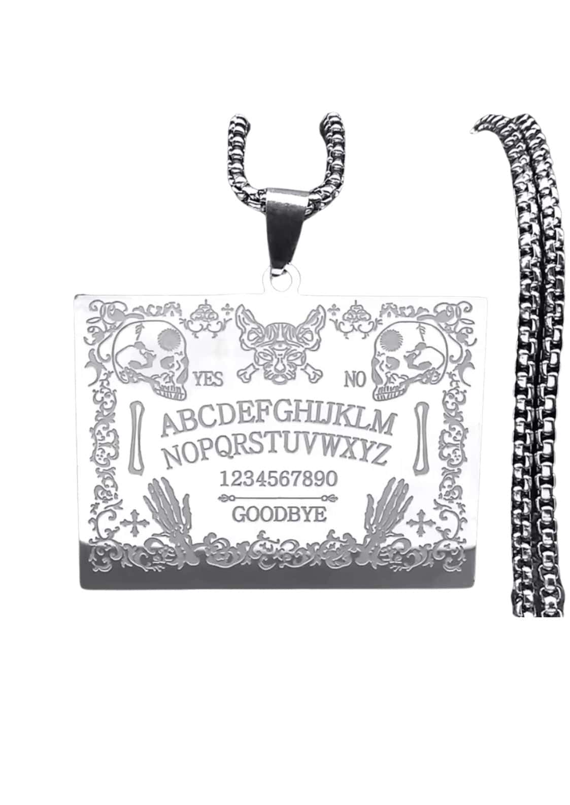 Silberne ouija halskette mit gothischem horror design aus metall in silberton