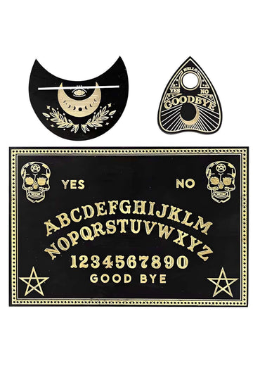 Einfache ouija-tafel mit tiefschwarzem design und goldenen schädelmotiven spirit board mit mond und goodbye schriftzug