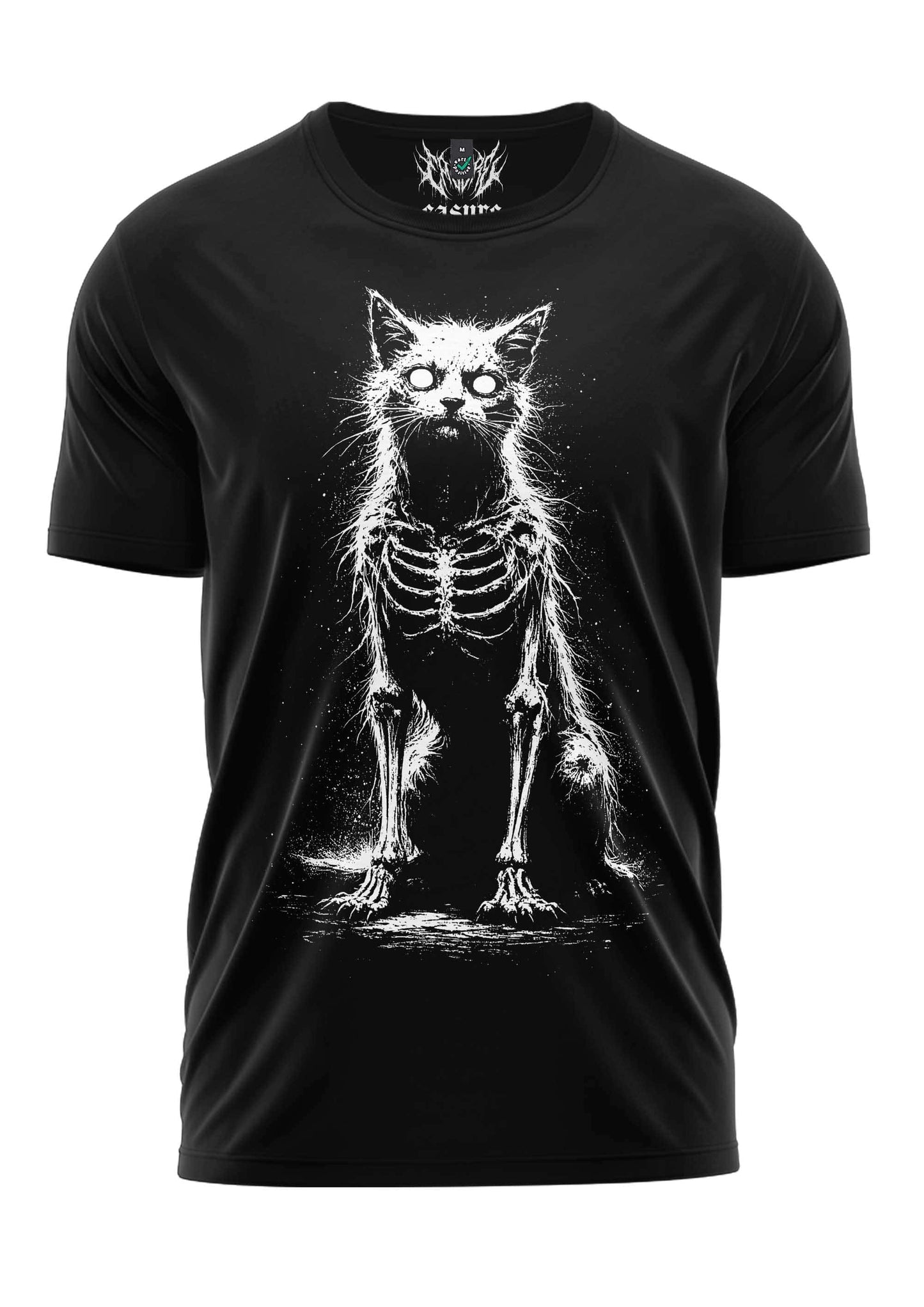 Schwarzes kurzarmshirt mit weißer grafik eines skelettkatze mit leuchtenden augen passend für alternative fashion dark art fans