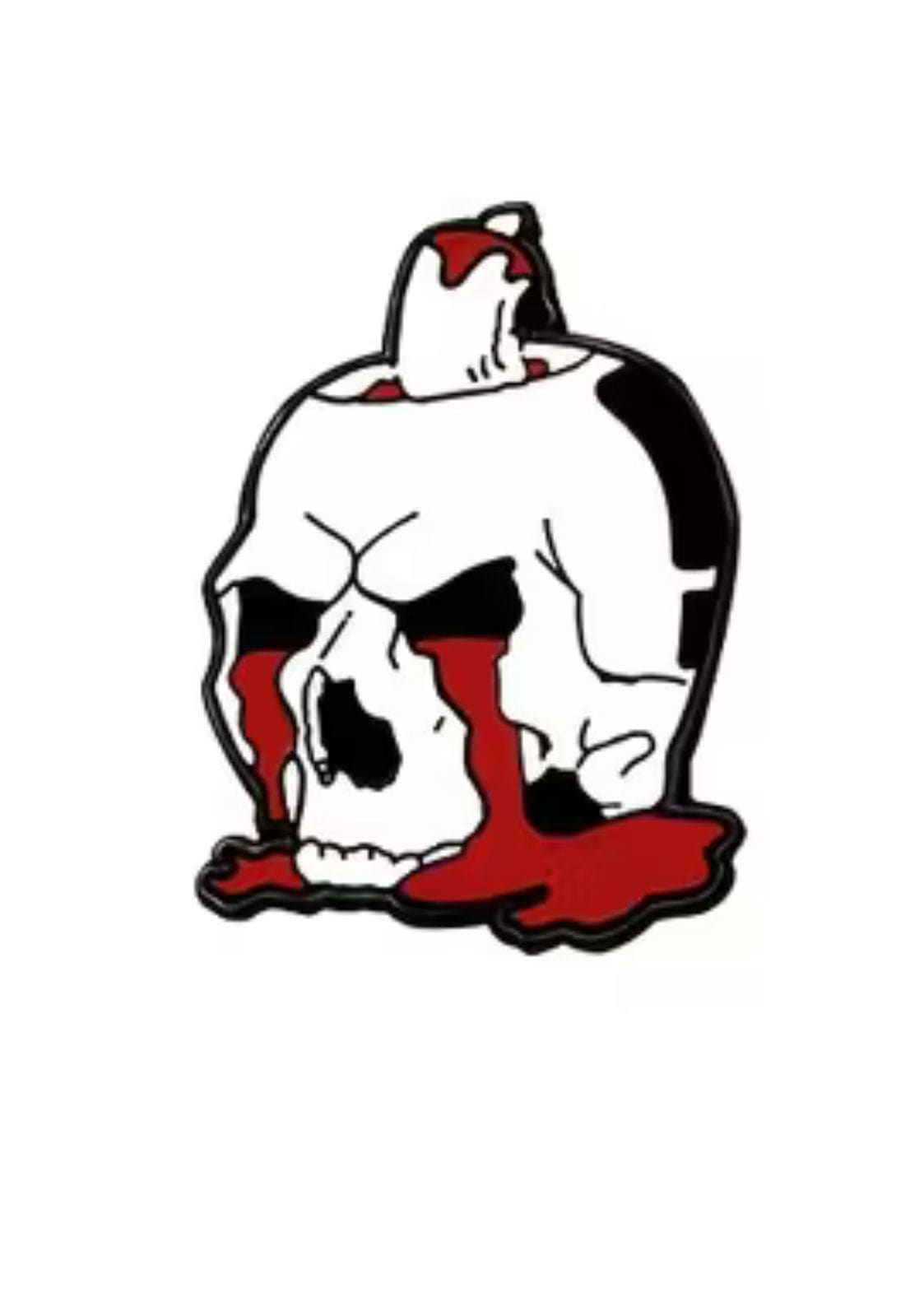 Weiße Emaille-Anstecknadel in Form eines Totenkopfes mit schwarzen Umrissen und roten Akzenten, bei der Blut aus den Augen und dem Kopf fließt.