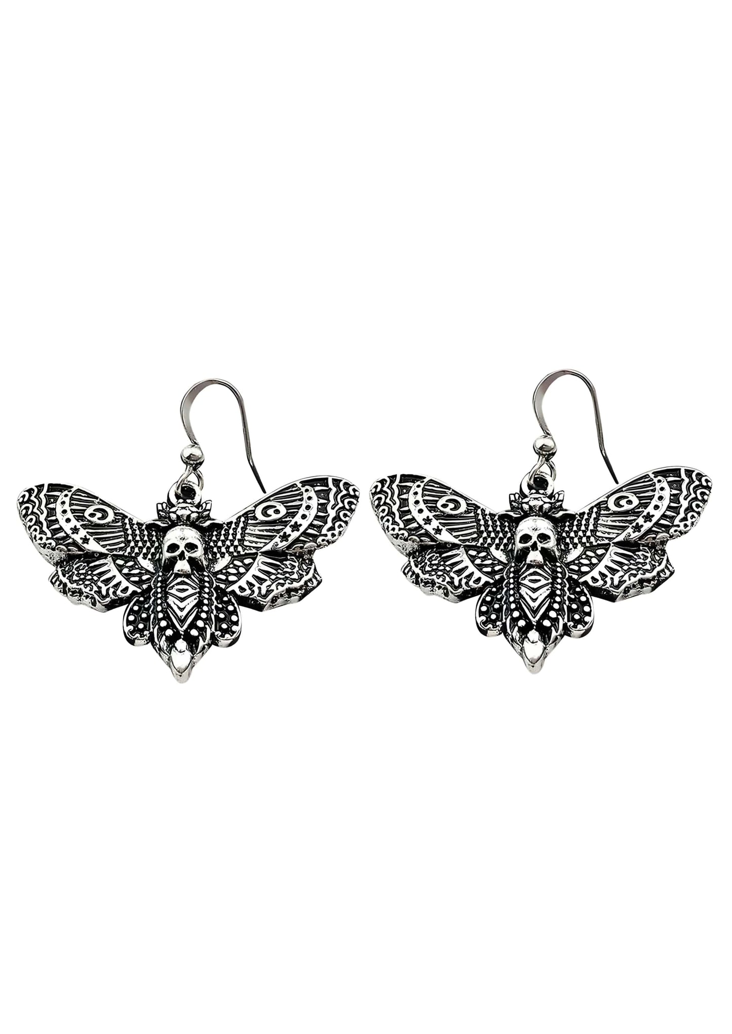 Silberne skull moth ohrringe mit feinen gothischen détails und hängenden hooks für horror fans