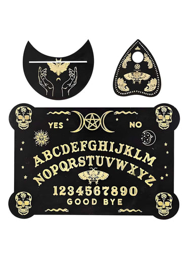 Schwarzes skull ouija brett mit goldfolie lettering und symbolen wie schädel mond stern pentagramm moth design