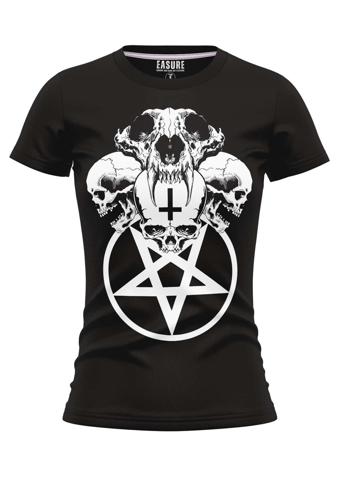 Schwarzes girly t-shirt mit weißem gothic skull pentagram kreuz design perfekt für horror fans