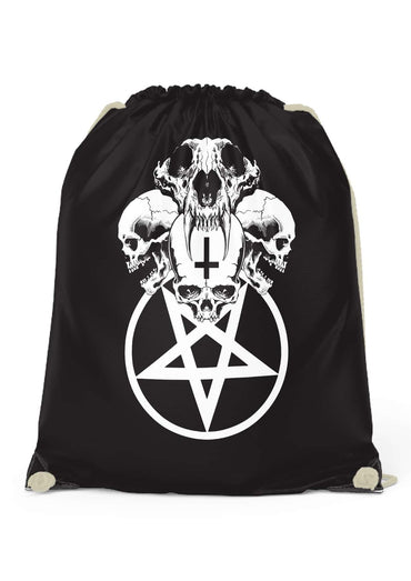 Schwarzer gym bag mit bold weißem skull pentagram motiv und externe kordelhalterungen für unterwegs