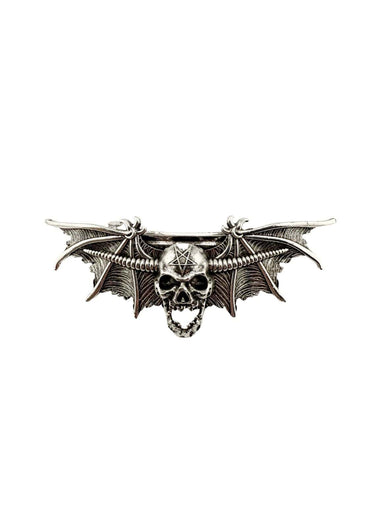 Silberner skull pentagram haarklammer mit fledermausflügeln und kettendetail im gotischen horror-stil