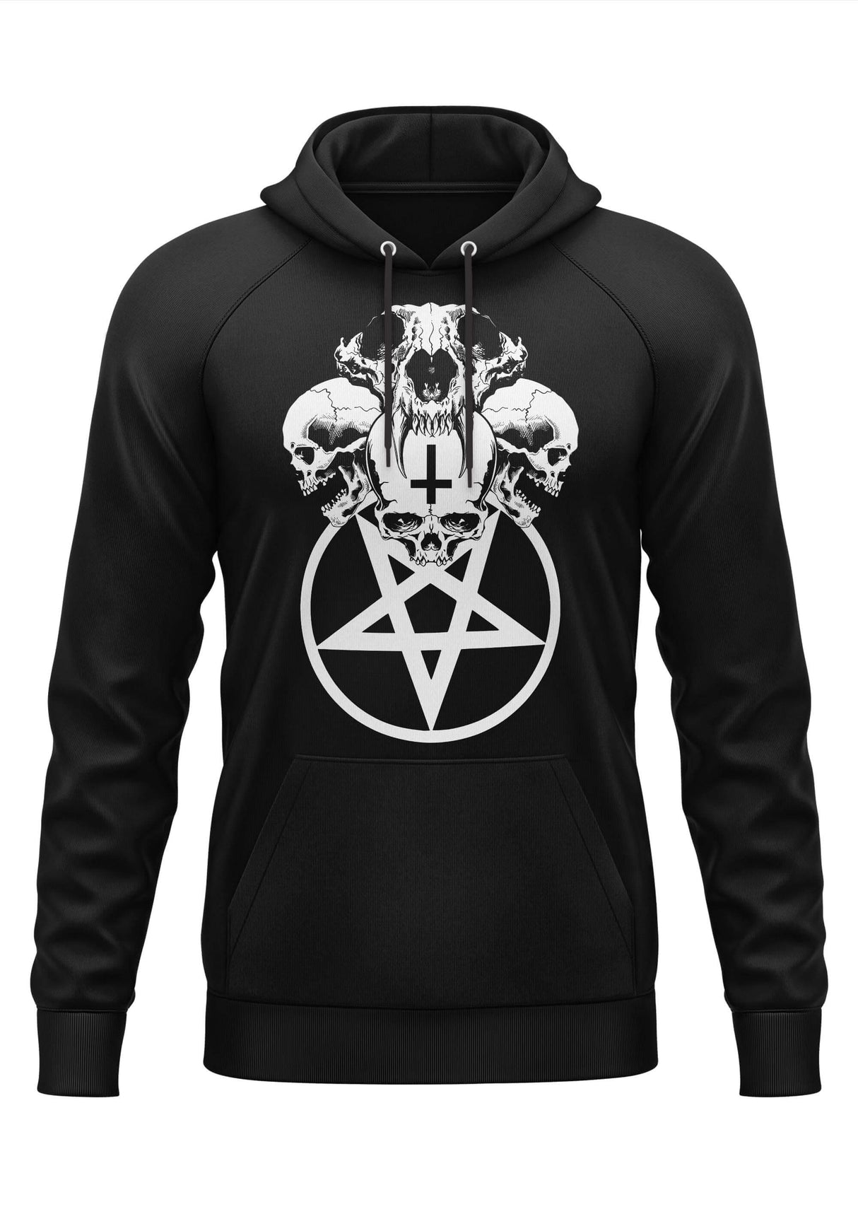Schwarzes Kapuzensweatshirt mit Totenkopf- und Pentagramm-Design, wahrscheinlich aus Baumwolle oder Polyester-Mischung.