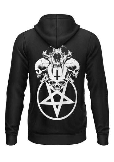 Schwarzer zip-up hoodie mit weißem schädel pentagram grafik und pentagram-reißverschluss gaia lizenzierte bekleidung