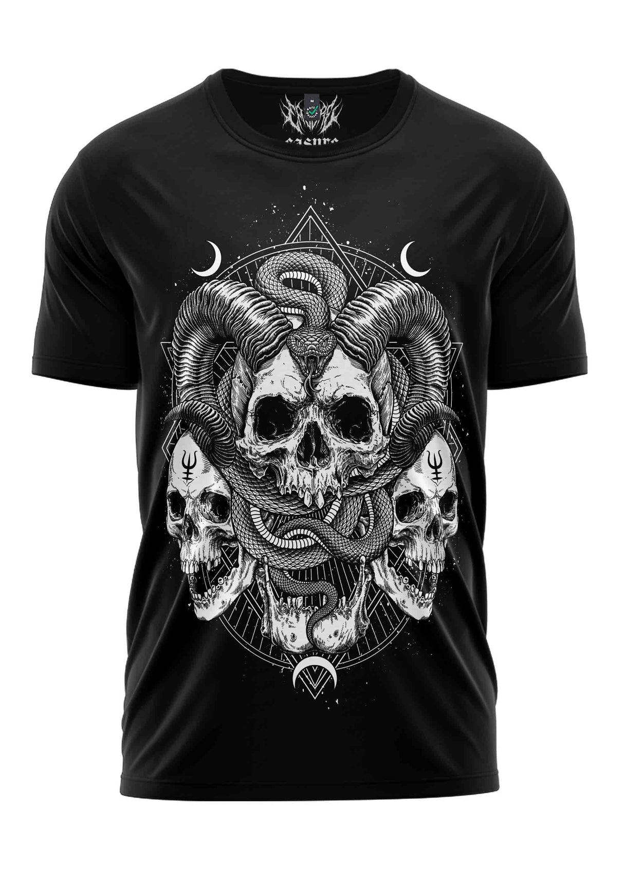 Schwarzes Satanas Shirt mit Totenköpfen, Schlangen und Symbolen