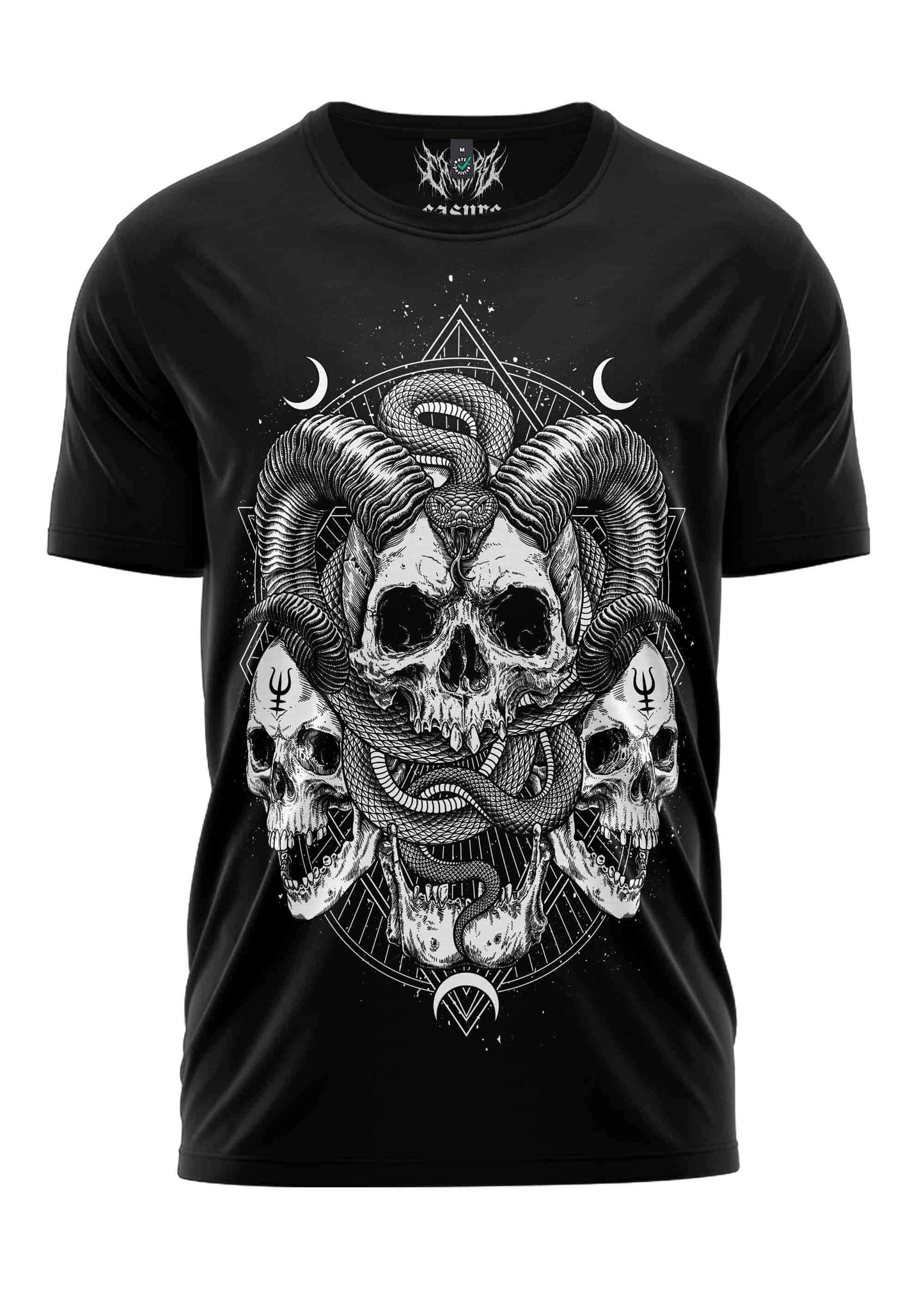 Schwarzes oberteil skull snake shirt mit handbedruckten weißen schädeln, schlangen und geometrischen symbolen