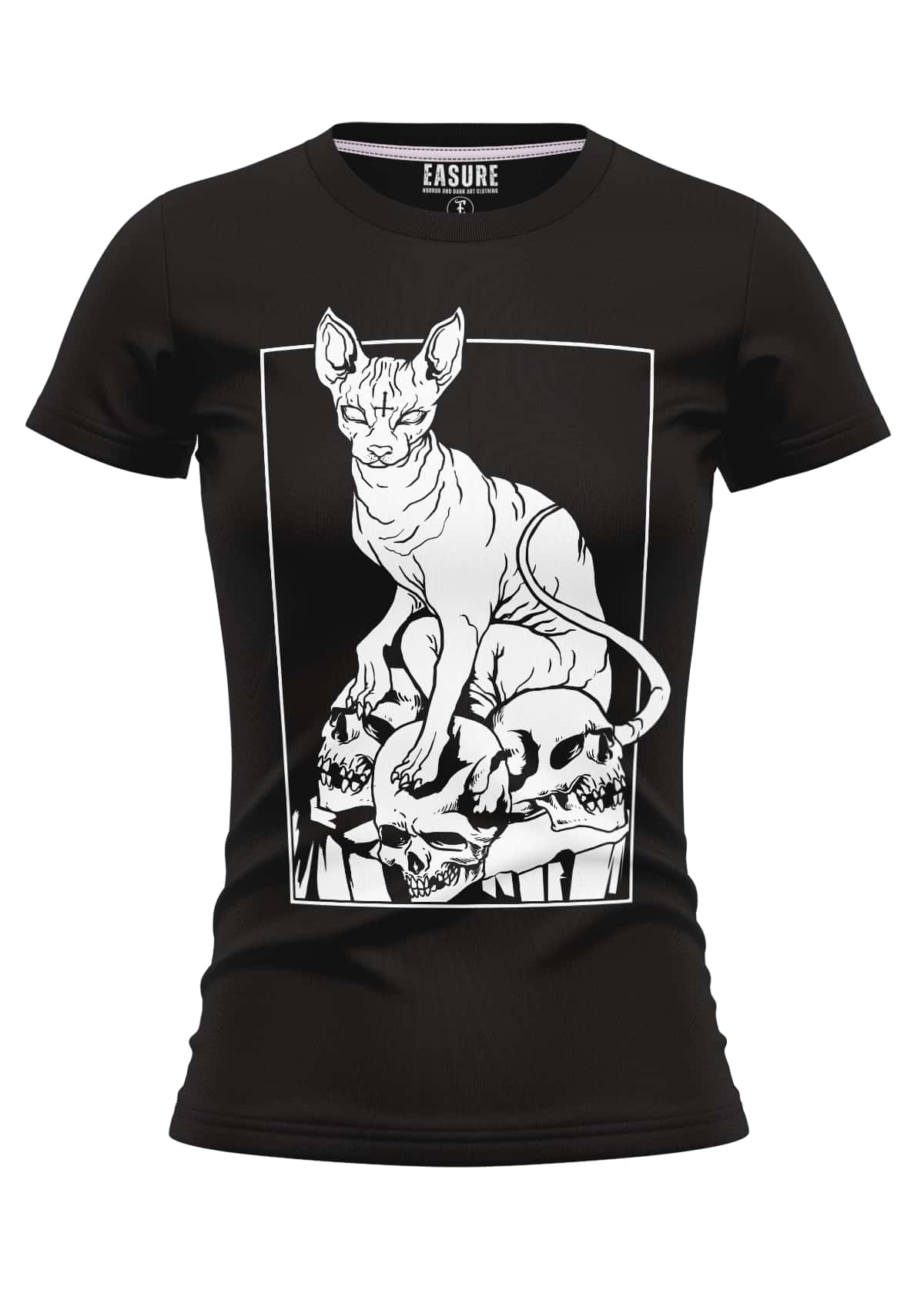 Schwarzes damen t shirt mit weißem line art skull sphynx grafik und easure marke am kragen für gothic horror fans