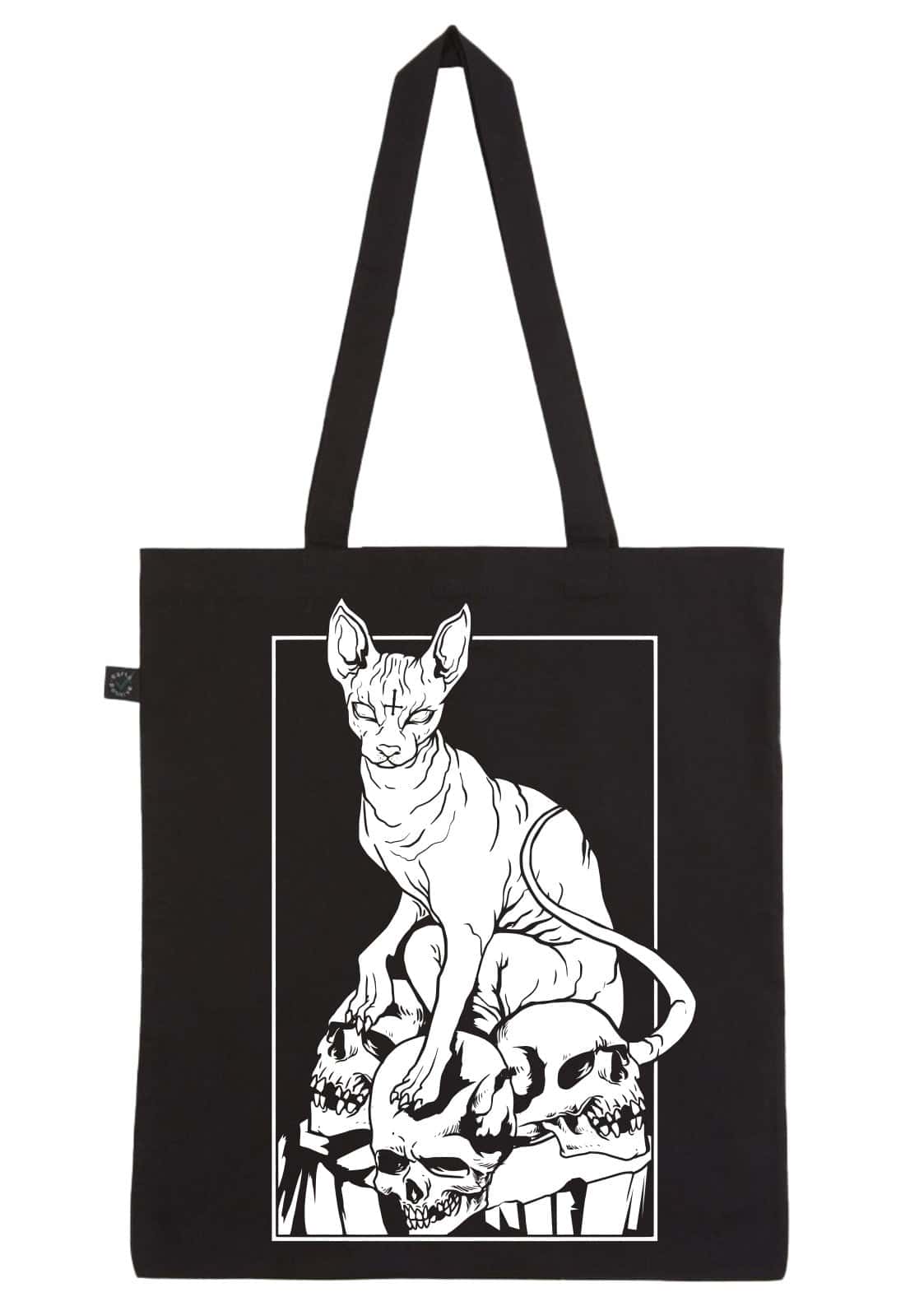 Schwarze canvas-tasche mit weißer line-art illustration eines skull sphynx katzenskeletts für gothic horror fans