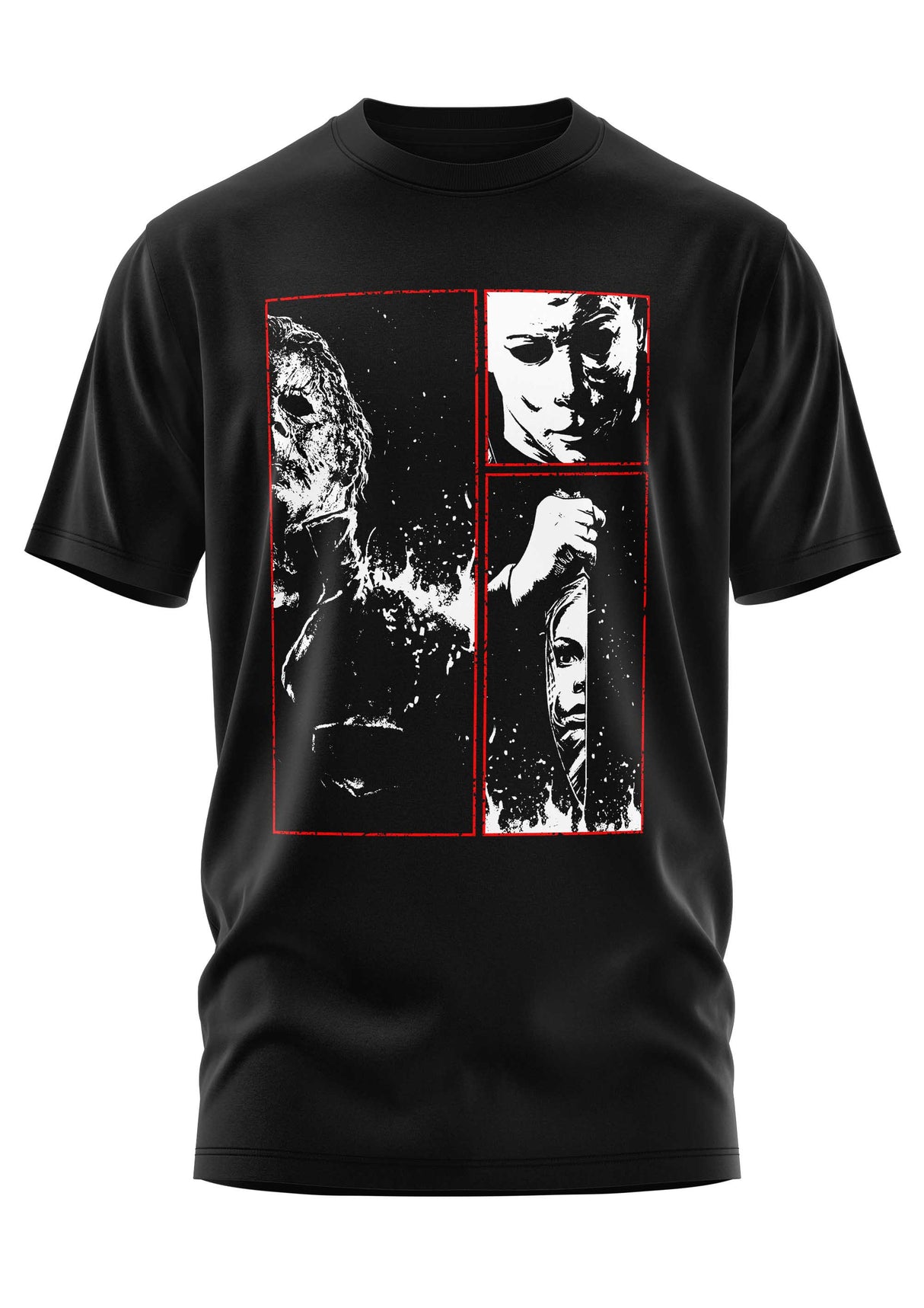 Schwarzes Grafik-T-Shirt mit rot-weißem Design, das drei Gesichter zeigt.