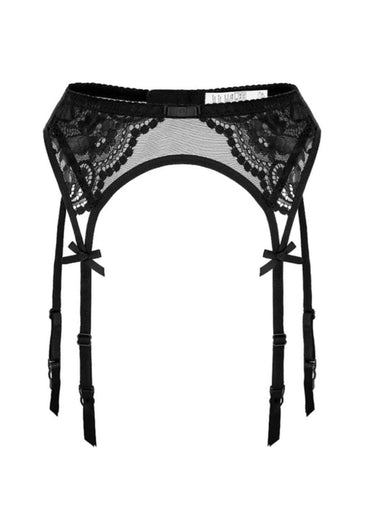 Schwarzer strumpfgürtel aus spitze mit verstellbaren trägern und kleinen schleifen in bows and lace design