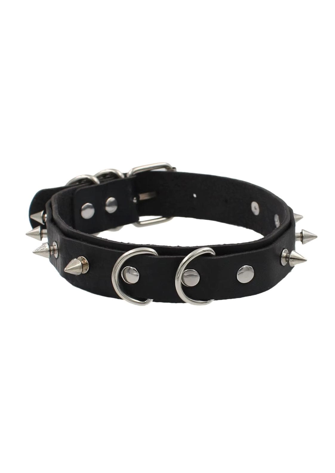 Schwarzes, stachelbesetztes Lederhalsband mit silberner Beschlägen und Doppelfring.