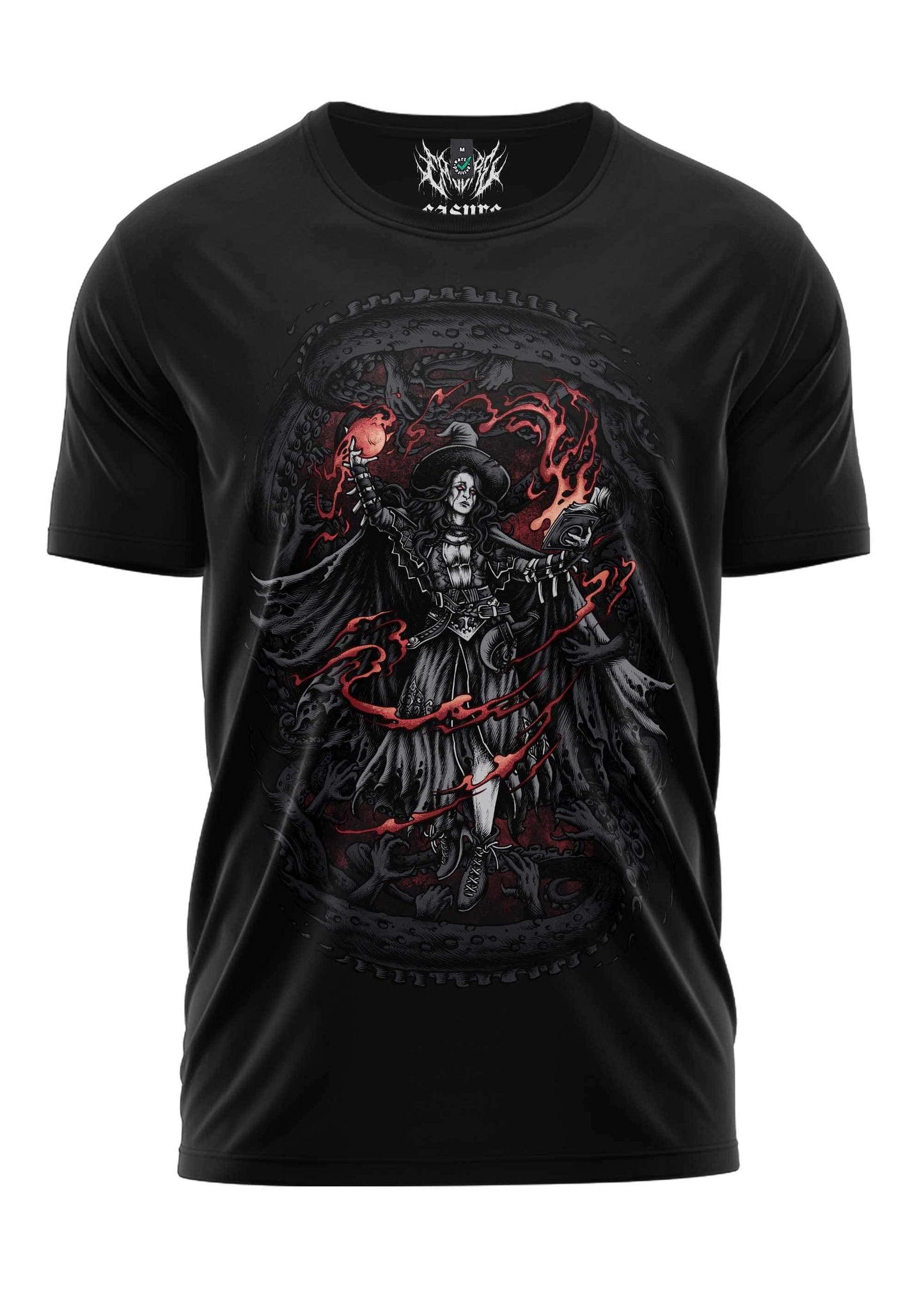 Schwarzes schweres unisex t-shirt sorceress mit detailreicher grafik einer skeletthexe in strapazierfähigem stoff und weicher qualität