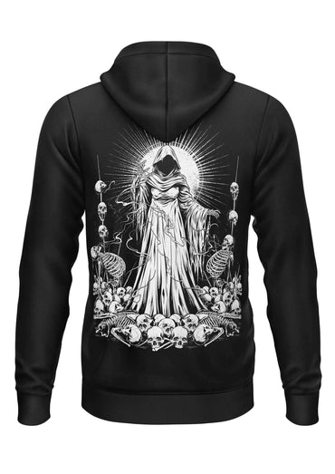 Schwarzer hoodie mit gothic horror bitte motiv auf der rückseite zeigt skelettfigur in fließendem gewand umgeben von schädeln und knochen