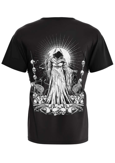 Schwarzes gothic t-shirt mit detailliertem weißen horror soul reaper grafik auf der rückseite mit schädeln