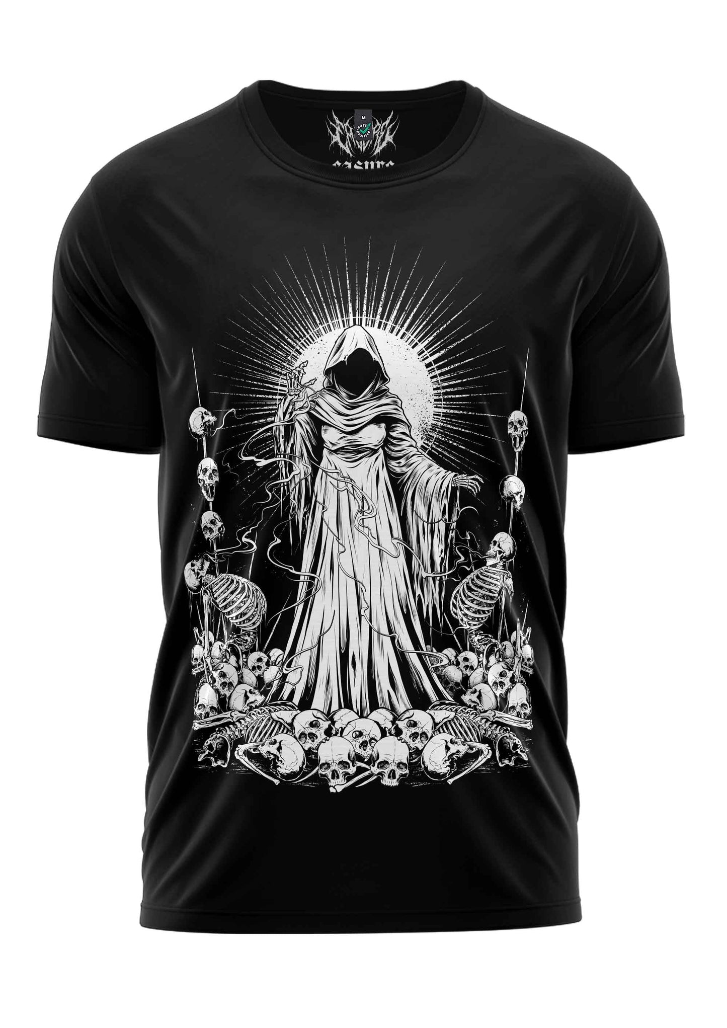 Schwarzes Gothic-Metal T-Shirt Soul Reaper mit Kapuzenfigur und Skeletten