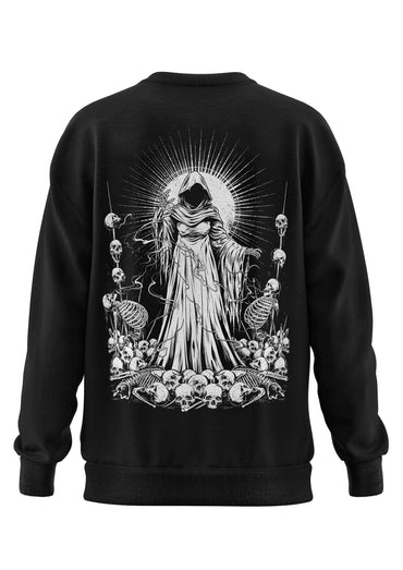 Schweres unisex-sweatshirt soul reaper mit detailliertem weißem grim reaper design aus recyceltem polyester