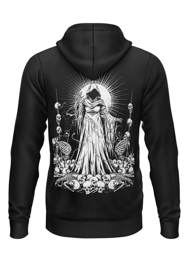Schwarzer hoodie soul reaper zipper mit detailreichem weißen gothic horror-motiv eines hooded figures umgeben von schädeln