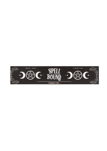 Schwarze rechteckige box mit spell bound frankincense räucherstäbchen und weißen okkultmotiven für midnight rituals