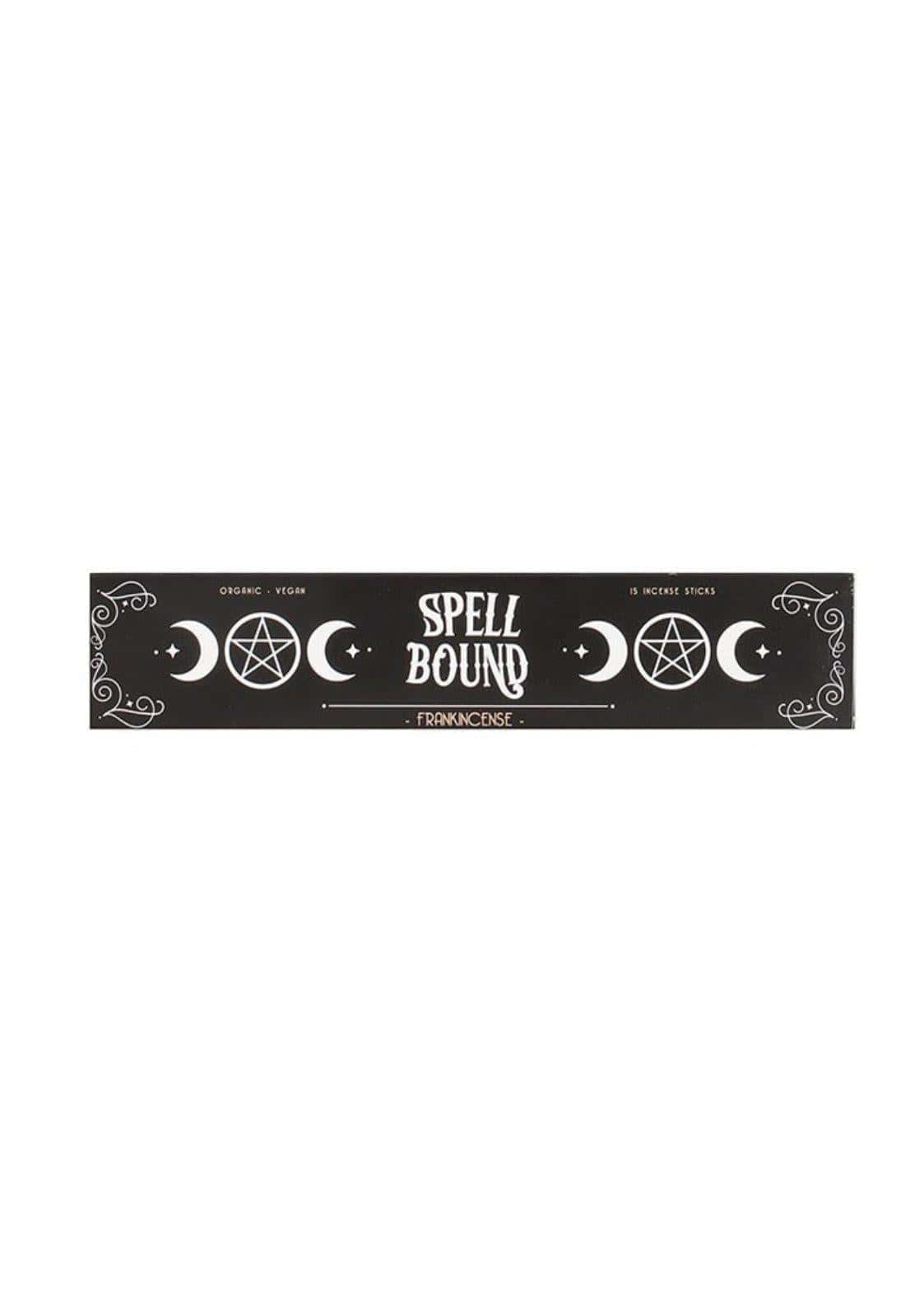 Schwarze rechteckige box mit spell bound frankincense räucherstäbchen und weißen okkultmotiven für midnight rituals